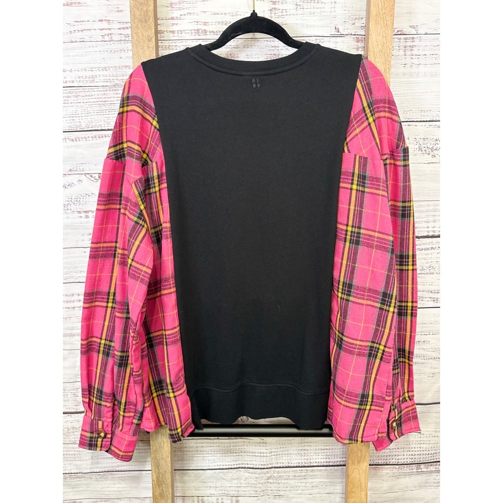 Upcycled Pink Plaid Flannel Sleeve Sweatshirt Oversized Pocket Top Fits up to XL - Picture 9 of 10